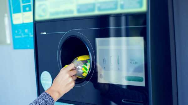 deposit return scheme: Shoppers return their bottles and cans of reusable packagings in a reverse vending machine.