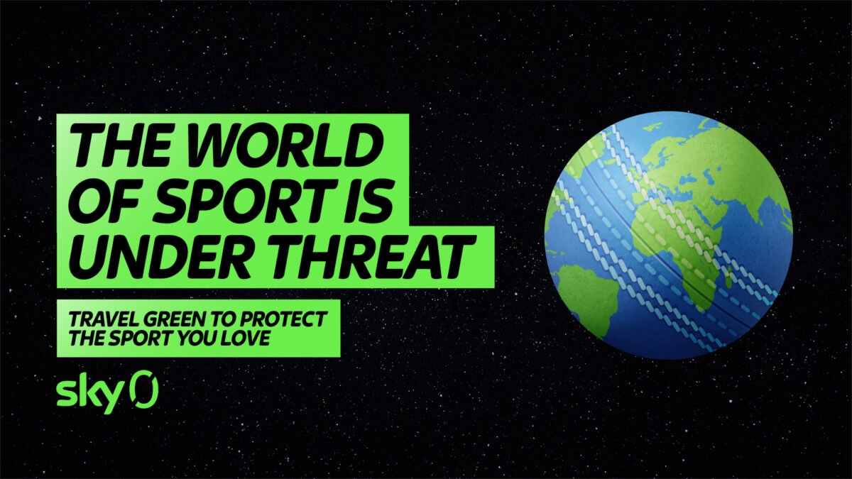 Sky Zero campaign that says "The World of Sport is under threat. Travel green to protect the sport you love" in black and green writing. Globe on the right