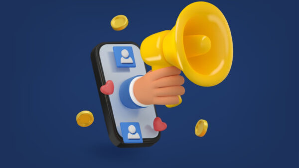 Cartoon hand holding megaphone illustration on dark background. Vector partnership marketing in social media Digital ad concept