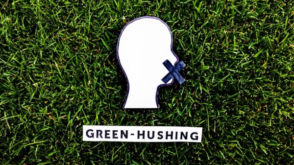 greenhushing concept about companies staying silent about their environmental footprints and policies, text and face with mouth shut on green grass