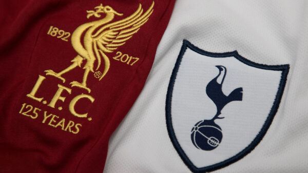 The Logo of Liverpool FC and Tottenham Hotspur on Football Jerseys