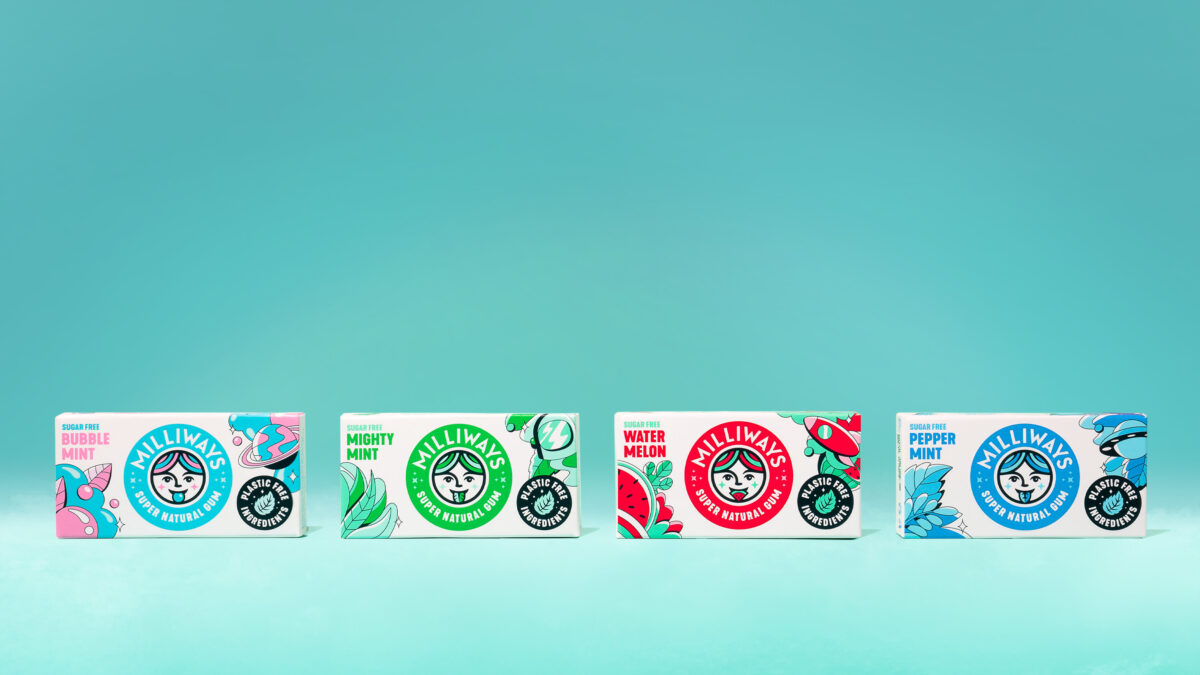 Milliways plastic-free gum packets on blue background