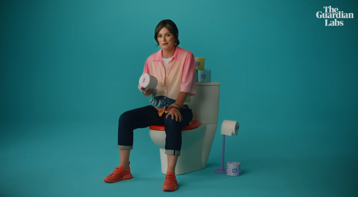 video with comedian Zoe Lyons informing audiences how they can do more for the environment: Lyons is sat on a toilet with toilet roll in her hands for The Guardian x Who Gives A Crap collab