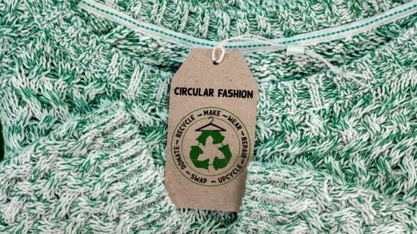 Circular Fashion label on jumper, , make, wear, repair, upcycle, swap, donate, recycle with eco clothes recycle icon sustainable fashion concept Contributor