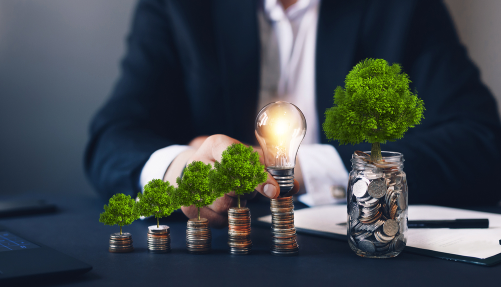Concept of pass and increase of renewable energy. Alternative sources of energy. Green energy, eco energy. Eco business investment Aviva Investors has provided an additional £57 million in sustainable transition financing to property Urban Logistics REIT.