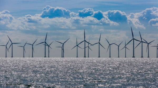 Windmills in the sea. Wind power. Green energyBP may build two offshore wind farms in late 2024 off the coasts of north Wales and northwest England – if planning permission allows.