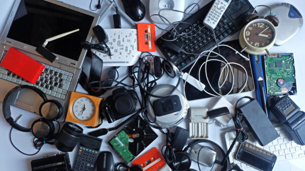 Pile of used E-waste on white background, Reuse and Recycle concept, Top view