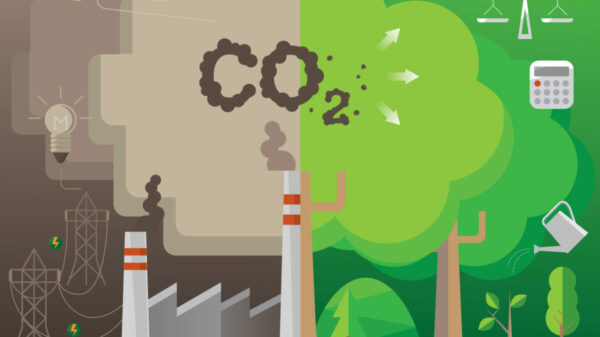 Infographic of Carbon Offset concept: Planting of trees to absorb CO2 in compensation of same amount produced.