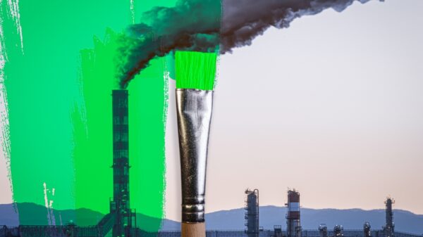 brush painting green a polluting industry with a smoke coming out of a chimney. greenwashing concept