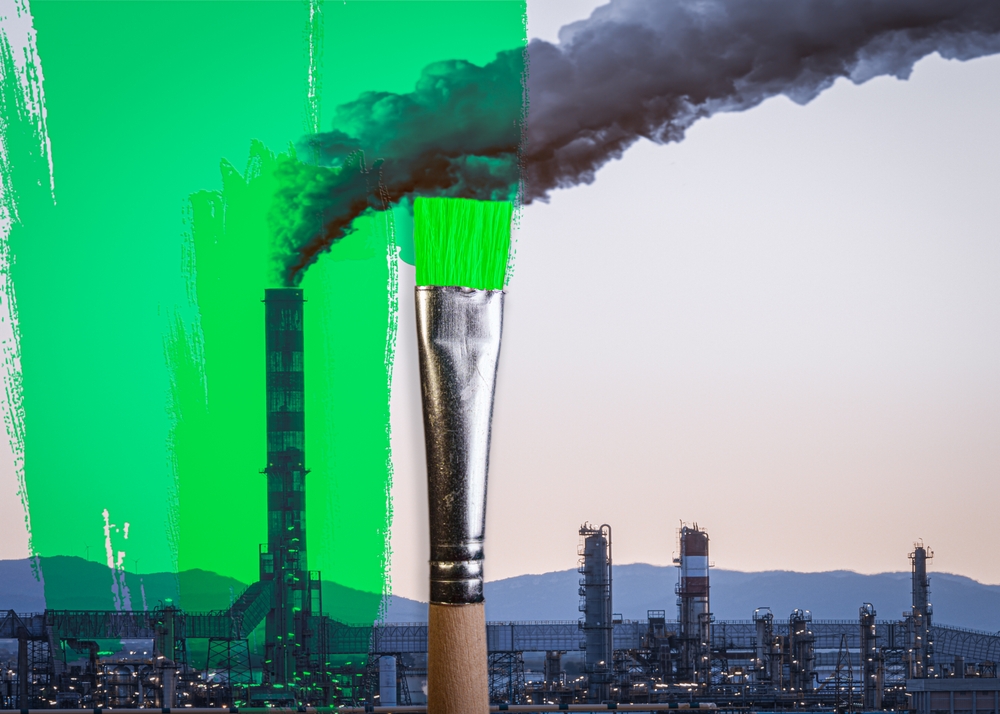 brush painting green a polluting industry with a smoke coming out of a chimney. greenwashing concept