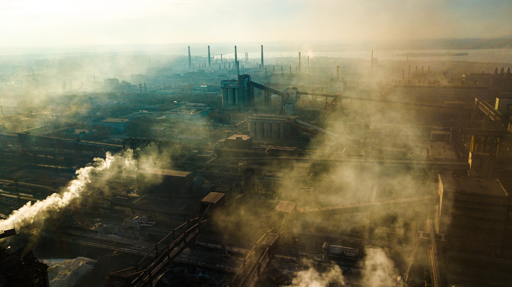 Steel mill metallurgical coal plant bad ecology smoke from pipes aerial video
