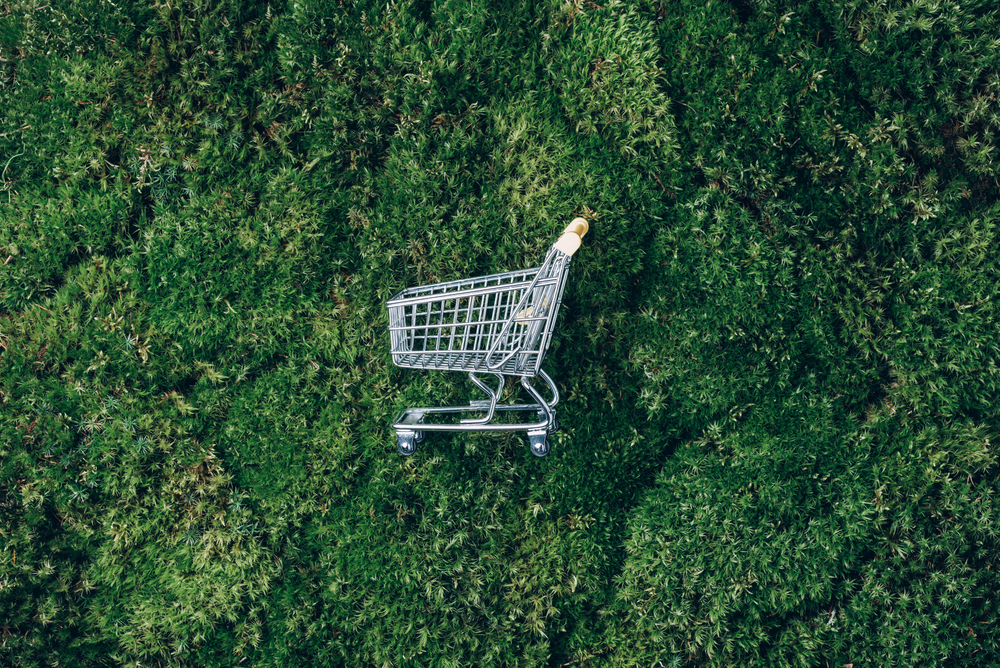 Shopping cart on green grass, moss background. Top view. Minimalism style. Creative design. Shop trolley. Retailer, Sale, discount, shopaholism, ecology concept. Sustainable lifestyle, conscious consumption.