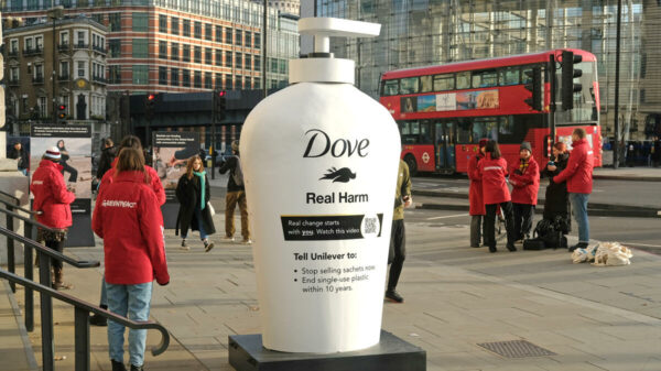 Greenpeace have planted a subversive redesign of the iconic Dove branding outside Unilever’s headquarters