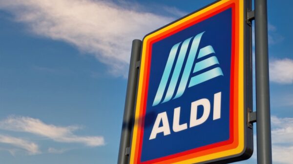 Aldi grocery store sign. Aldi is is a global discount supermarket chain