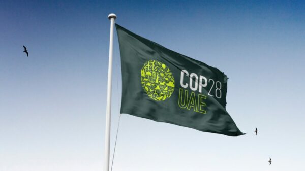 COP28 flag. Over 200 companies including Ikea, Unilever, Currys and more, have joined calls for countries to phase out fossil fuels, in an open letter.