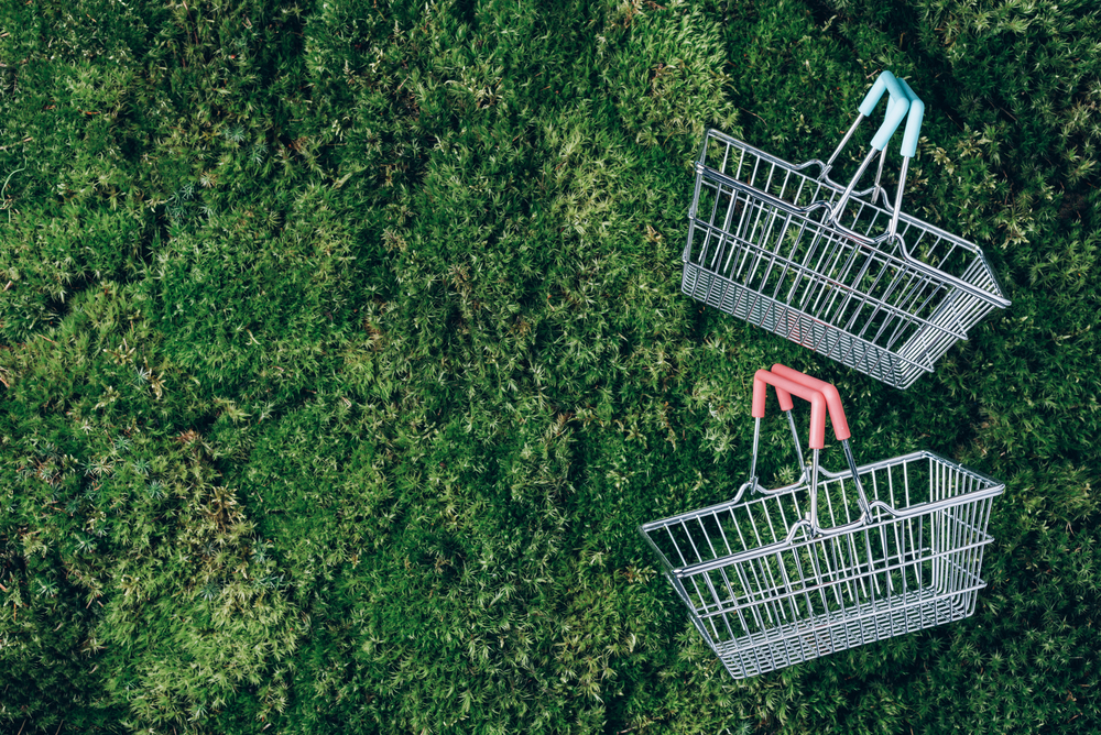 Top view of supermarket shopping basket on green grass, moss background. Minimalism style. Black friday sale, discount, shopaholism, ecology concept. Sustainable lifestyle, conscious consumption. SBTI