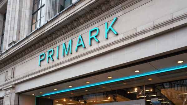 Large cyan sign on Primark store at their Oxford Street branch.