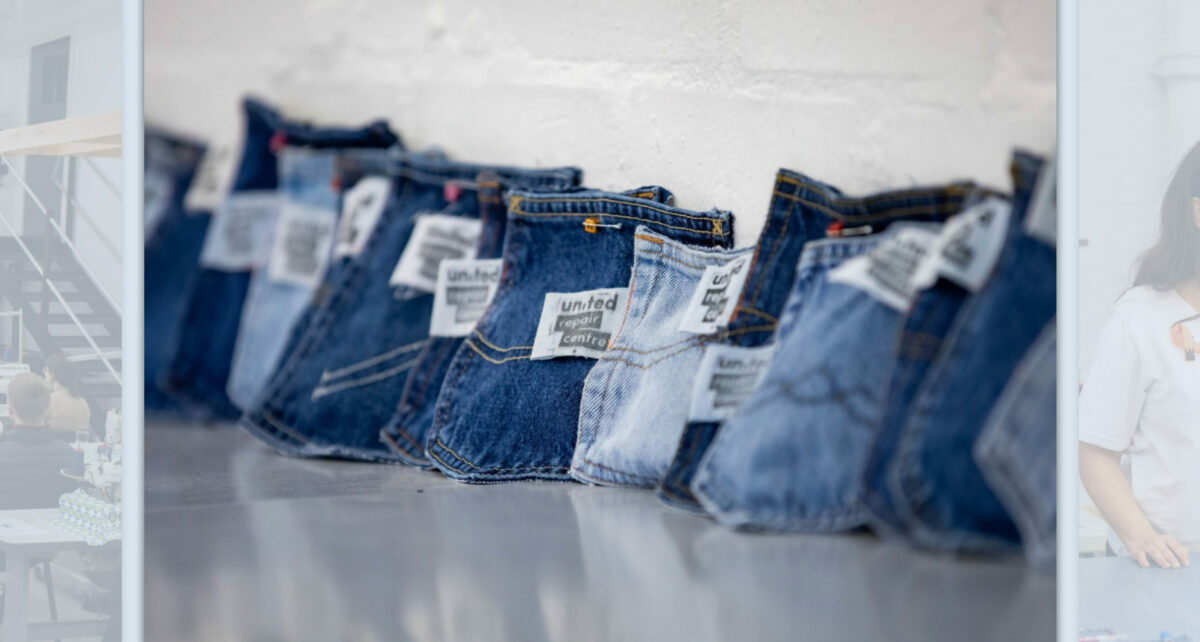 A pile of jeans repaired by URC