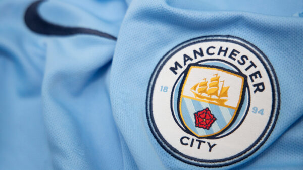The Logo of Man City Football Club on the Jersey on November 4,2018. The club is trying to win the EPL Champion this year