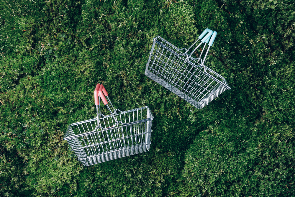 Sustainable lifestyle. Top view of supermarket shopping basket on green grass, moss background. Black friday sale, discount, shopaholism, ecology concept. Sustainable lifestyle, conscious carbon emissions