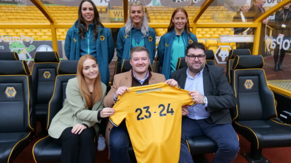 : Ellie Wilson, Wolves Women, Tammi George, Wolves Women, Merrick Will, Wolves Women. SEATED, LEFT TO RIGHT: Olivia Allen, Group Sustainability Coordinator, Reconomy, Jon Cox, Head of Customer Services (B&I), Reconomy, Darryl Daniels, Operations and Procurement Manager, Reconomy.