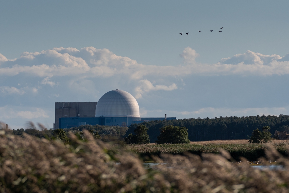 Sizewell B nuclear Power plant taken from Minsmere Nature Reserve on the Suffolk Coast with swans flying in the sky. Taken on 29 September 2021. Sizewell C