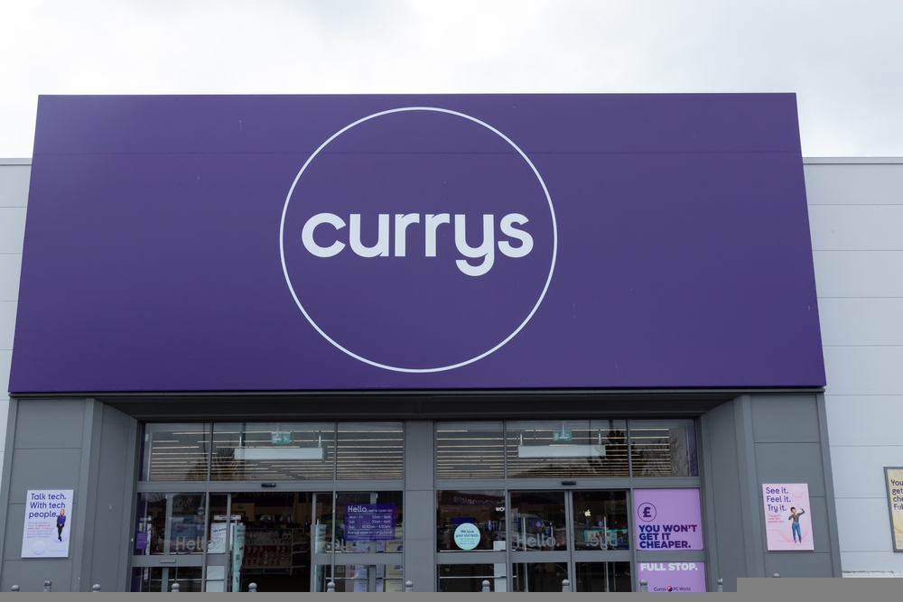 The frontage and logo of British electonics retailer, Currys at the Merry Hill Shopping Centre near Brierley Hill