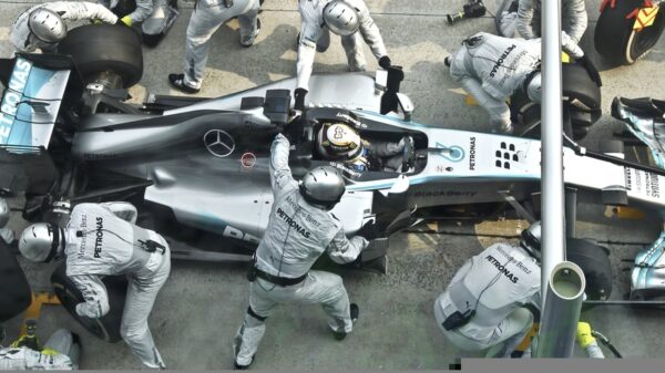 Driver Mercedes AMG Petronas F1, Nico Rosberg, entering crews does pit-stop practice at the 2014, F1 Petronas Malaysian Grand Prix at Sepang International Circuit.