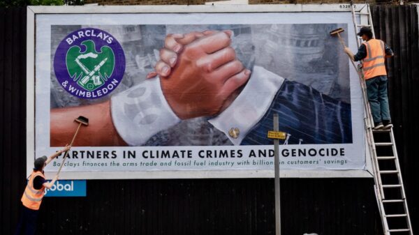 Guerilla ads slamming Barclays sponsorship of Wimbledon have appeared close to the event as this year’s Grand Slam tournament begins.